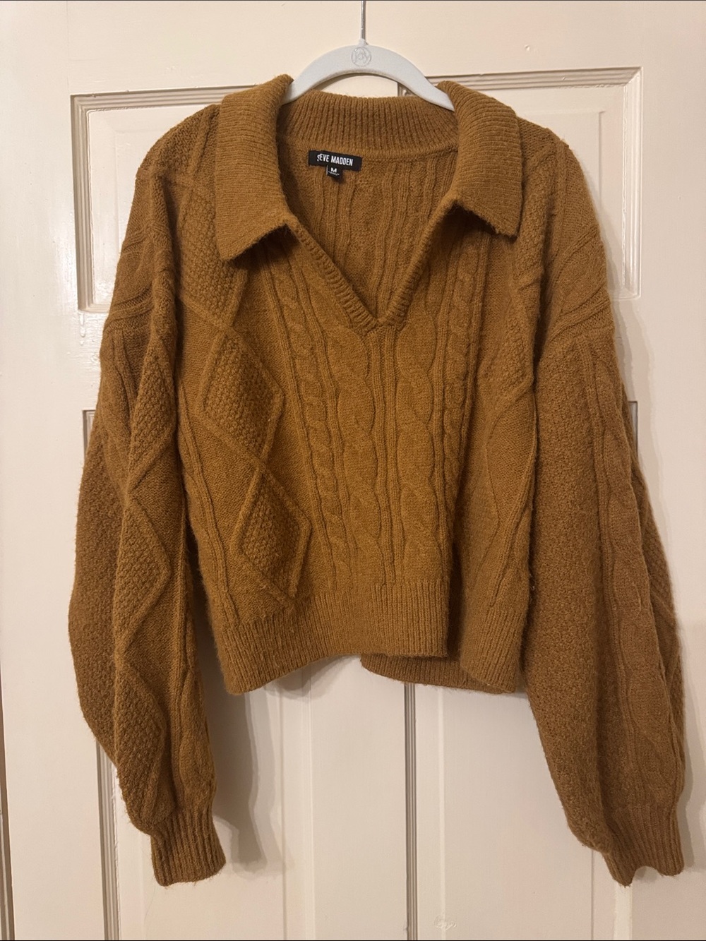 Steve Madden Cropped Cable V-Neck Polo Sweater - Mustard